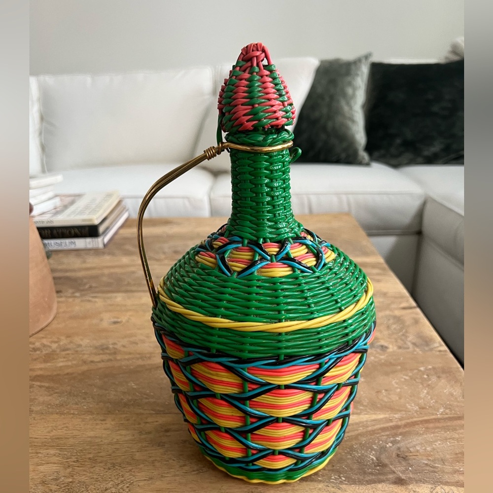Vintage Viresa Spain Wine Bottle Plastic Woven Wicker Metal Handle Empty